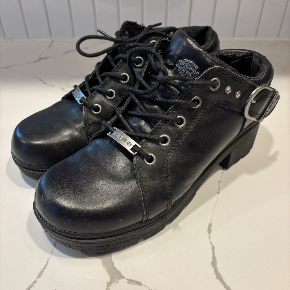 Harley Davidson Rovana Black Leather Ankle Boots Women's 8M Chunky Biker D84407